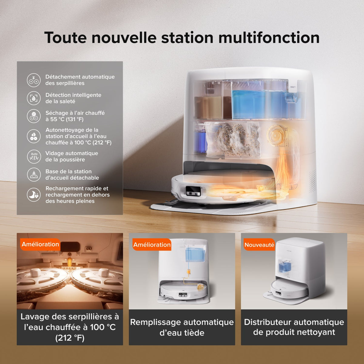 Aspirateur-laveur robot Roborock Saros 20 Neo avec nettoyage à la serpillière avec de l’eau chaude et station d’accueil intelligente